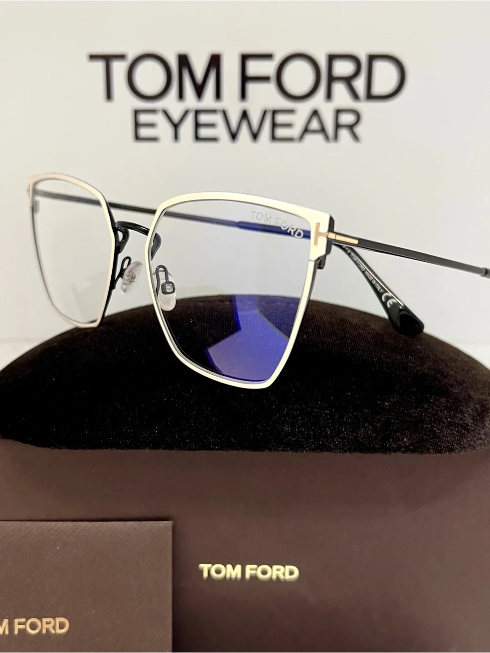 Tom Ford TF5574-B 021 Blue Block Eyeglasses – White/Black Designer Luxury Frames